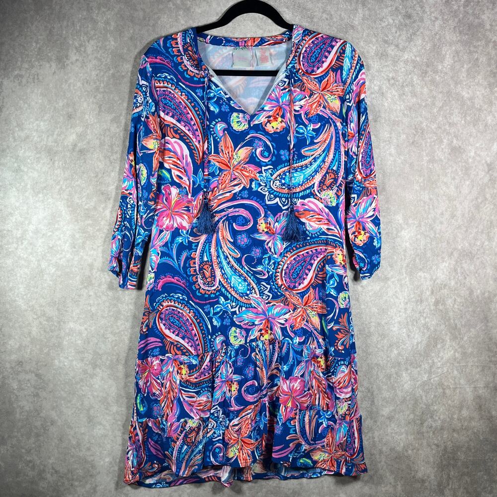 Stella Parker Dress Womens Small Purple Paisley Tasseled Tie Neck Artsy Tropical